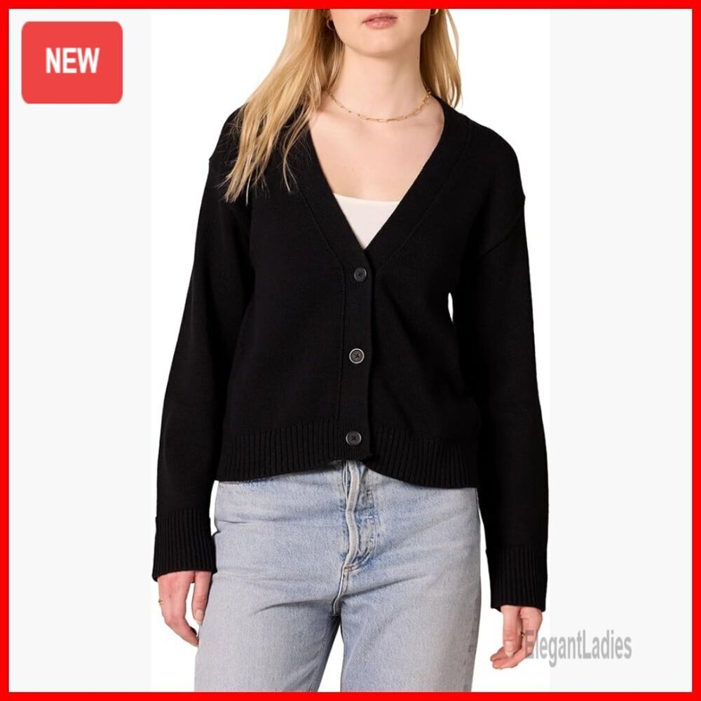 Relaxed Fit V-Neck Cropped Cardigan, Ribbed Knit, Long Sleeve